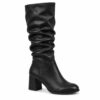 Single women's black vegan leather slouchy knee-high boot with block heel on a white background
