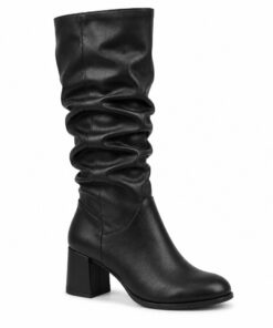 Single women's black vegan leather slouchy knee-high boot with block heel on a white background