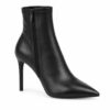 Single women's black stretch vegan leather sock ankle boot with stiletto heel on a white background