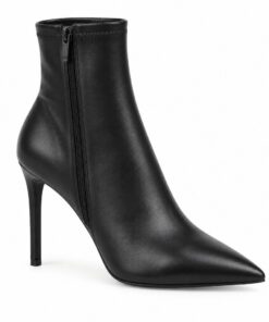 Single women's black stretch vegan leather sock ankle boot with stiletto heel on a white background