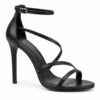 Single women's black strappy stiletto heeled sandal with 3.5 inch heel on a white background