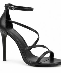 Single women's black strappy stiletto heeled sandal with 3.5 inch heel on a white background