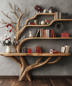 Narrow Floating Live Edge Console Table with Tree Branch Bookshelf