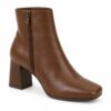 Single women's brown vegan leather square toe ankle boot with block heel on a white background