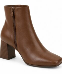Single women's brown vegan leather square toe ankle boot with block heel on a white background