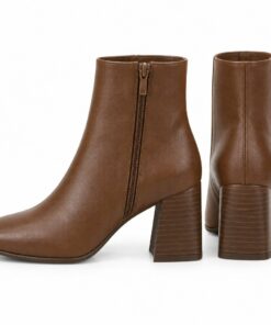 Pair of women's brown vegan leather square toe ankle boots with block heel standing, side profile and back heel view