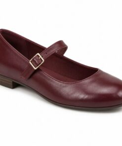 Single women's burgundy vegan leather Mary Jane flat on a white background