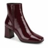 Single women's burgundy patent square toe ankle boot with block heel on a white background