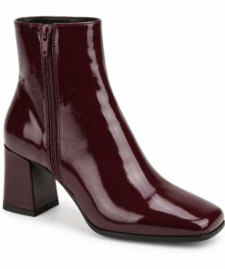 Single women's burgundy patent square toe ankle boot with block heel on a white background