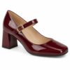 Single women's burgundy patent Mary Jane pump with 2.5 inch block heel on a white background