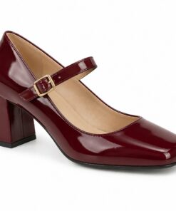 Single women's burgundy patent Mary Jane pump with 2.5 inch block heel on a white background