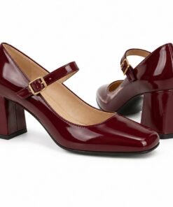 Pair of women's burgundy patent Mary Jane pumps with 2.5 inch block heel standing, side profile and back heel view