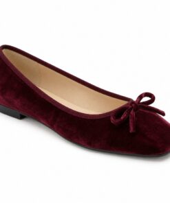 Single women's burgundy velvet square toe ballet flat on a white background
