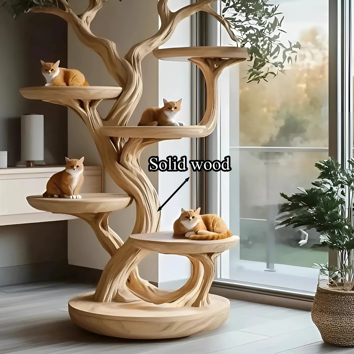Rustic Solid Wood Cat Tree with Natural Branch Design - Image 3