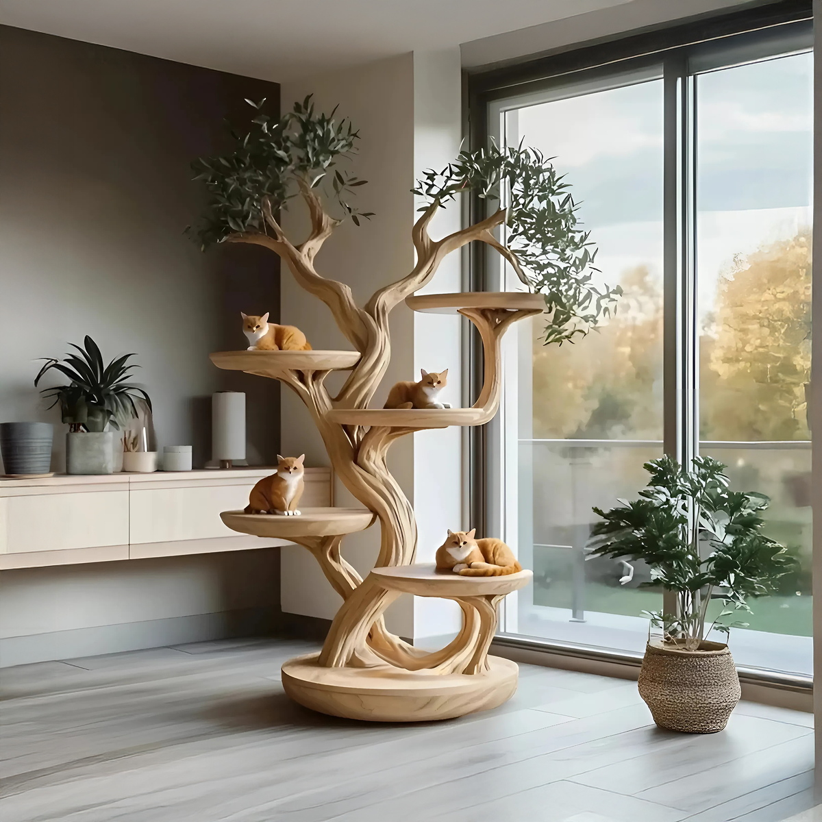 Rustic Solid Wood Cat Tree with Natural Branch Design - Image 2
