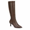 Single women's chocolate brown vegan leather knee-high boot with kitten heel on a white background