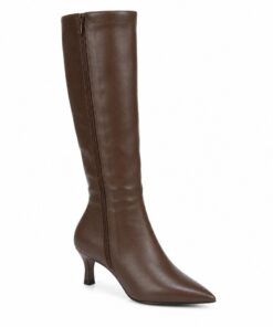 Single women's chocolate brown vegan leather knee-high boot with kitten heel on a white background