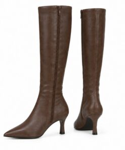 Pair of women's chocolate brown vegan leather knee-high boots with kitten heel standing, side profile and back heel view