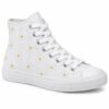 Single women's white high-top canvas sneaker with daisy embroidery on a white background