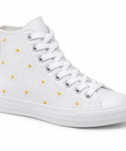 Single women's white high-top canvas sneaker with daisy embroidery on a white background