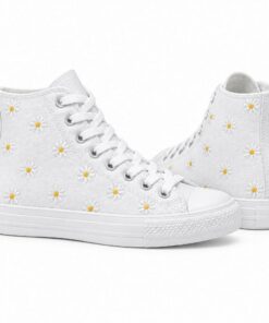 Pair of women's white high-top canvas sneakers with daisy embroidery standing, side profile and back heel view