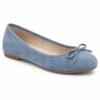 Single women's dusty blue suede-look ballet flat with bow on a white background
