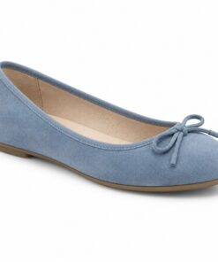 Single women's dusty blue suede-look ballet flat with bow on a white background