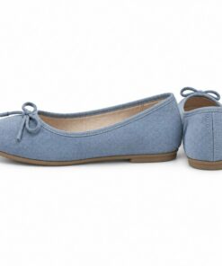Pair of women's dusty blue suede-look ballet flats with bow standing, side profile and back heel view