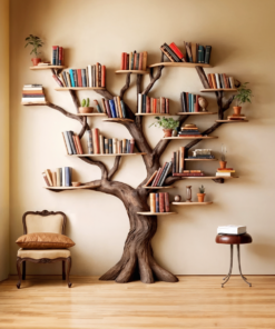Tree Branch Floating Bookshelf with Natural Wood Shelves