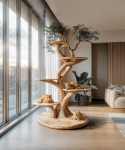 Large Handmade Wooden Cat Climbing Tree in Modern Style