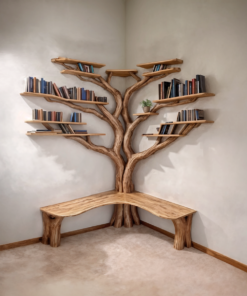 Tree Branch Floating Corner Bookshelf with Optional L-Shaped Bench