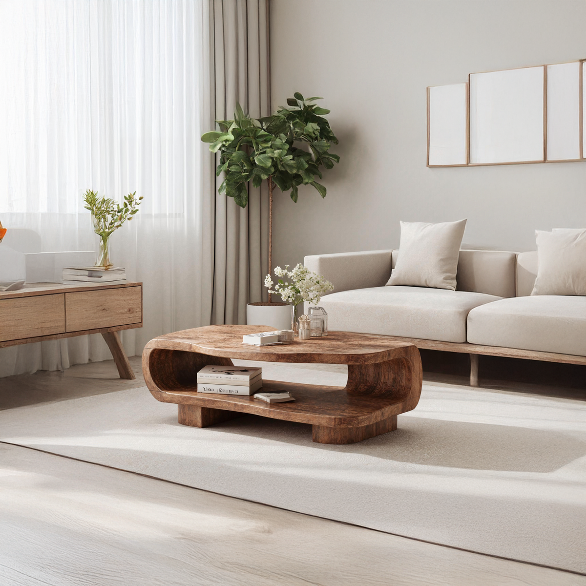 Farmhouse Wooden Coffee Table in Brown with Wax and Oil Finish - Image 2
