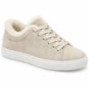 Single women's cream suede-look low-top sneaker with faux fur collar on a white background