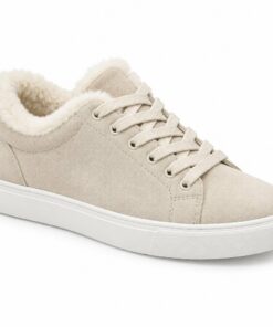Single women's cream suede-look low-top sneaker with faux fur collar on a white background