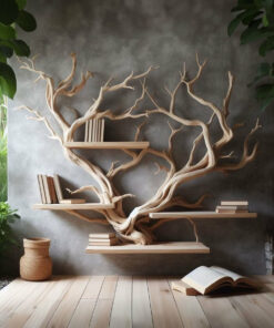 Rustic Driftwood Tree Wall Bookshelf for Home Office
