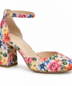 Single women's floral print ankle strap pump with 2.5 inch block heel on a white background