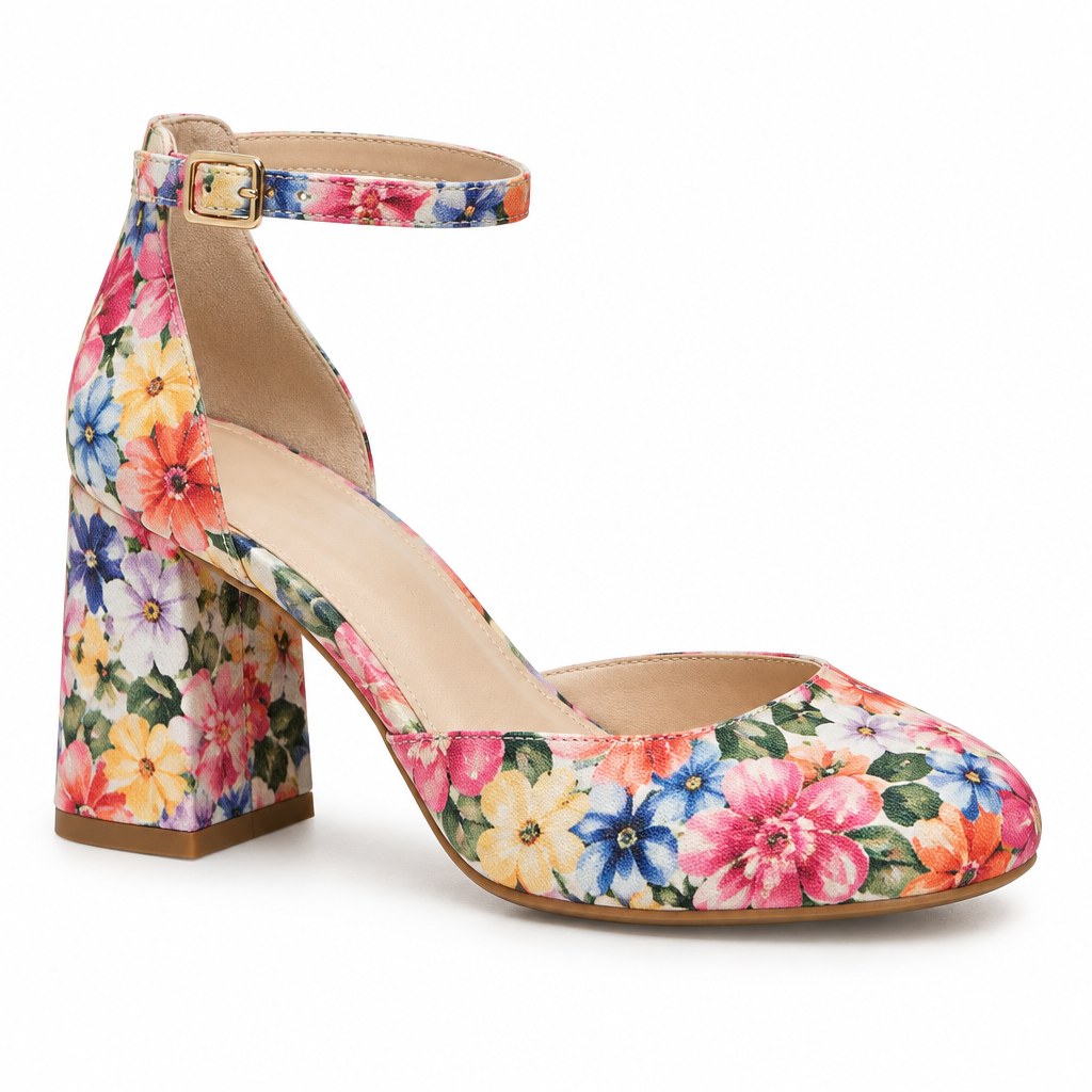 Single women's floral print ankle strap pump with 2.5 inch block heel on a white background