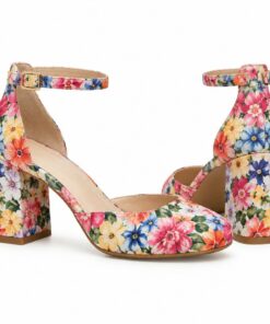 Pair of women's floral print ankle strap pumps with 2.5 inch block heel standing, side profile and back heel view