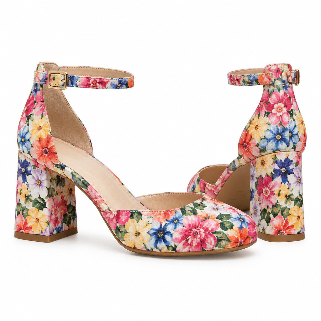 Pair of women's floral print ankle strap pumps with 2.5 inch block heel standing, side profile and back heel view