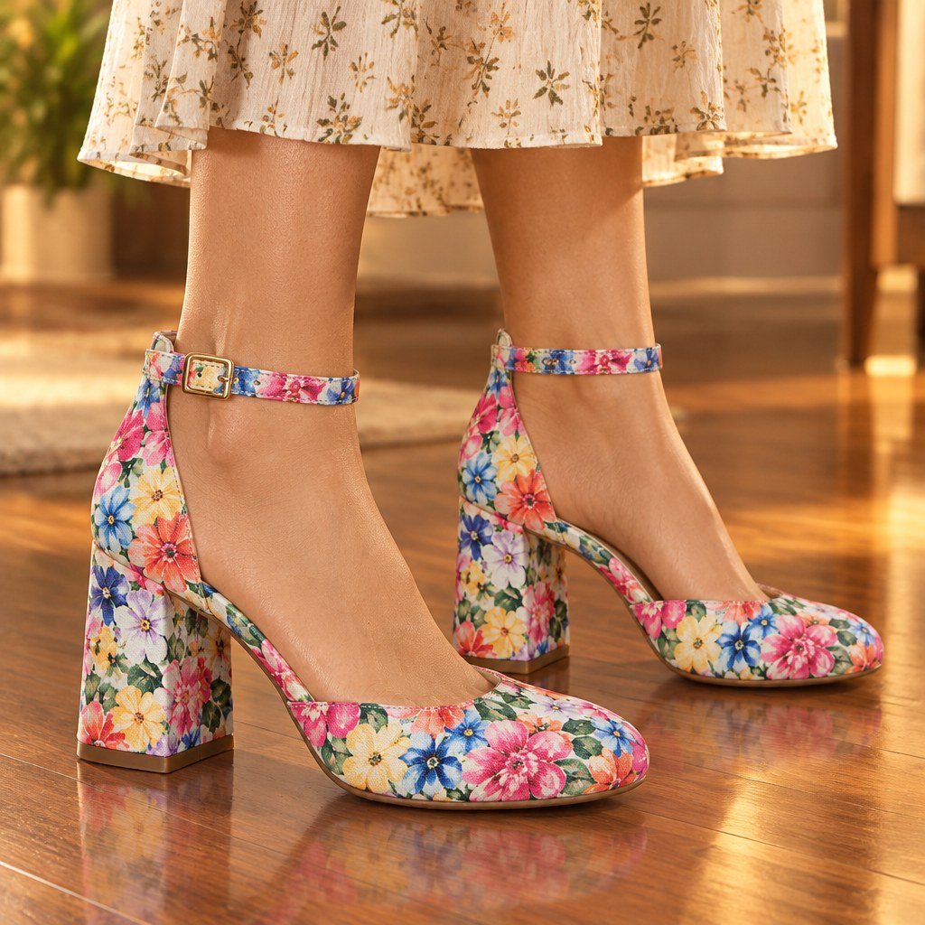 Woman wearing floral print ankle strap pumps with 2.5 inch block heel at an evening party, cropped from the knees down