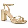Single women's metallic gold strappy sandal with 3 inch block heel on a white background