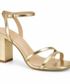 Single women's metallic gold strappy sandal with 3 inch block heel on a white background