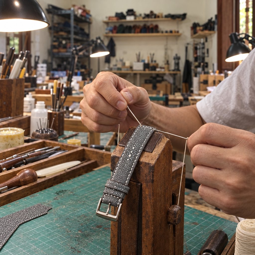 Sea Snake Leather Watch Strap in Dark Teal Green · Handmade in Saigon - Image 3