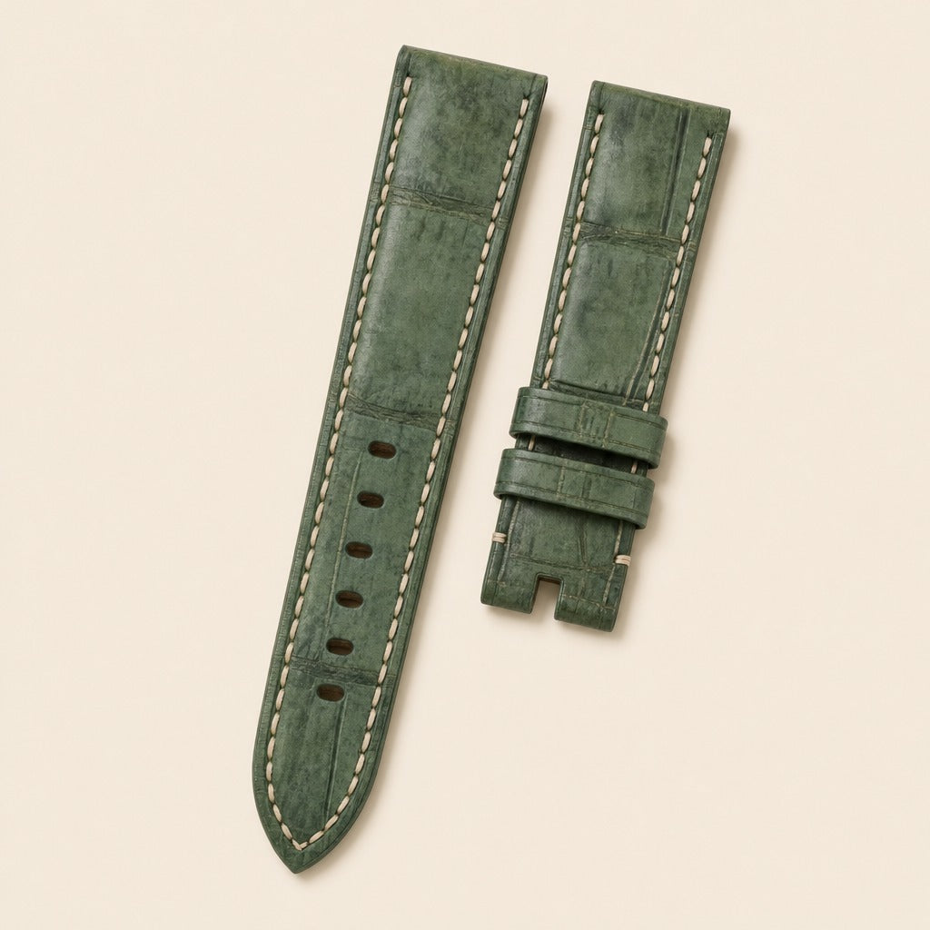 Nubuck Leather Watch Strap in Green Alligator-Embossed · Handmade in Saigon