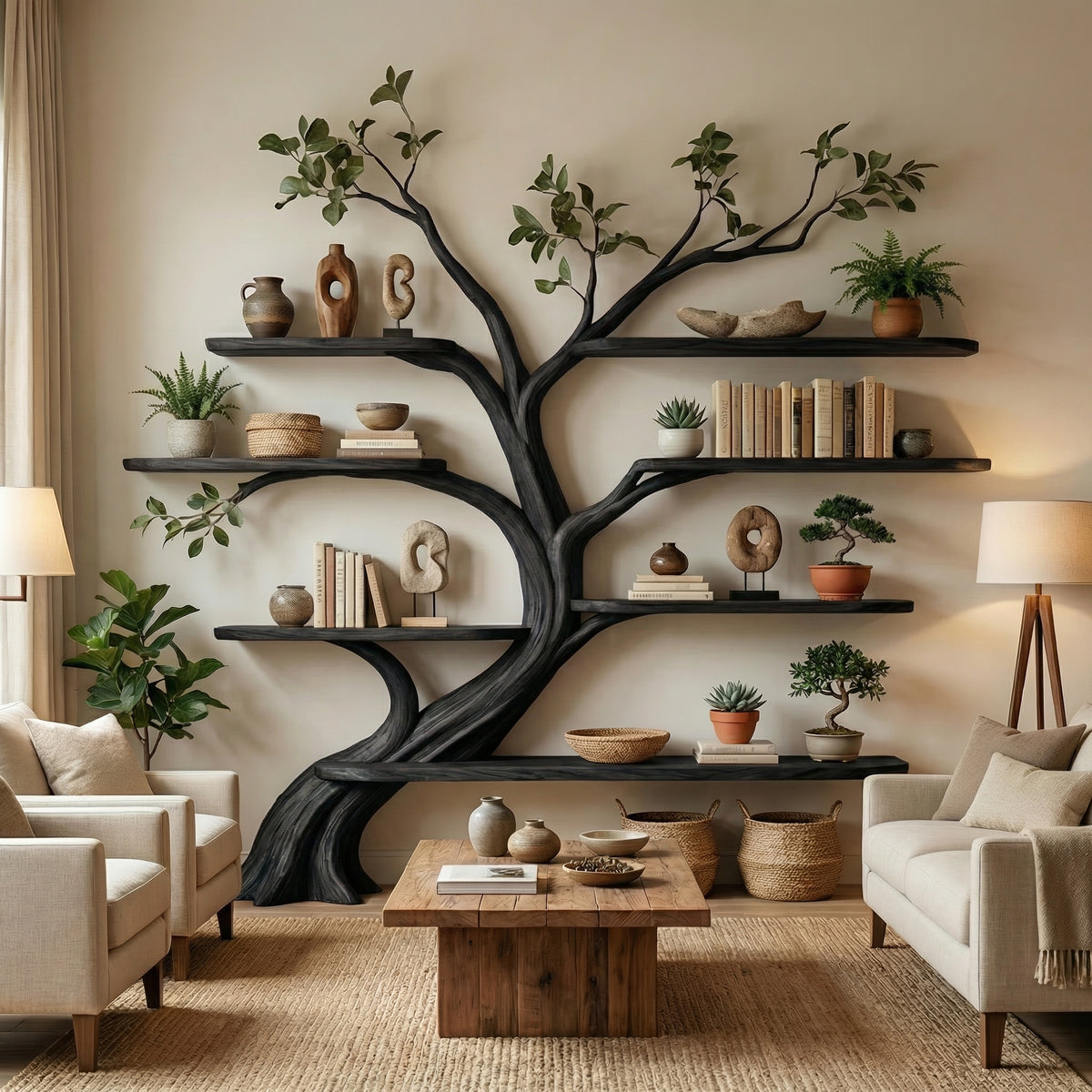 Driftwood Branch Floating Wall Shelf with Tree Design - Image 3