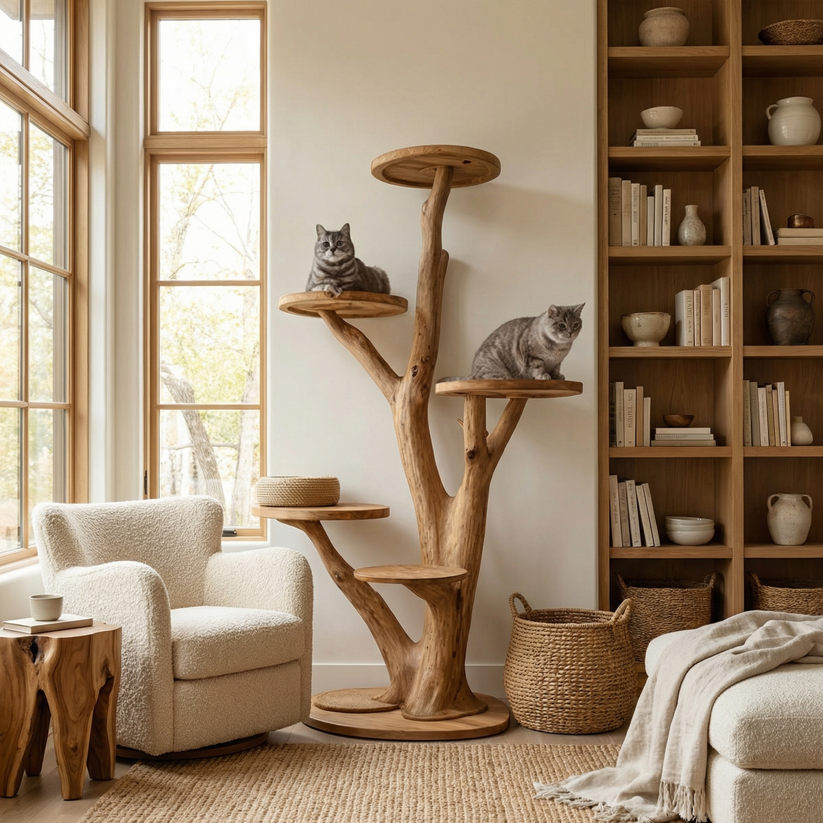 Rustic Solid Wood Tree Cat Tower with Branch Perches - Image 5