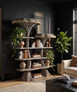 Mushroom Tree Branch Floating Bookshelf in Natural Wood