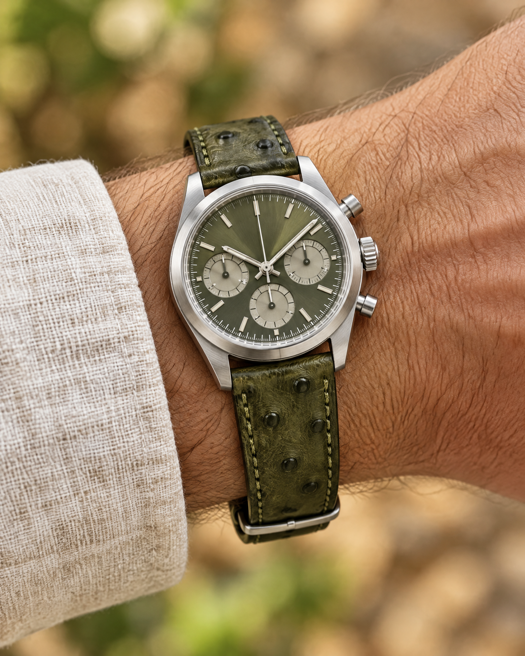 Ostrich Leather Watch Strap in Dark Olive Green · Handmade in Saigon - Image 2