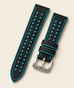 Racing Epsom Leather Watch Strap in Black & Turquoise · Rally · Handmade in Saigon