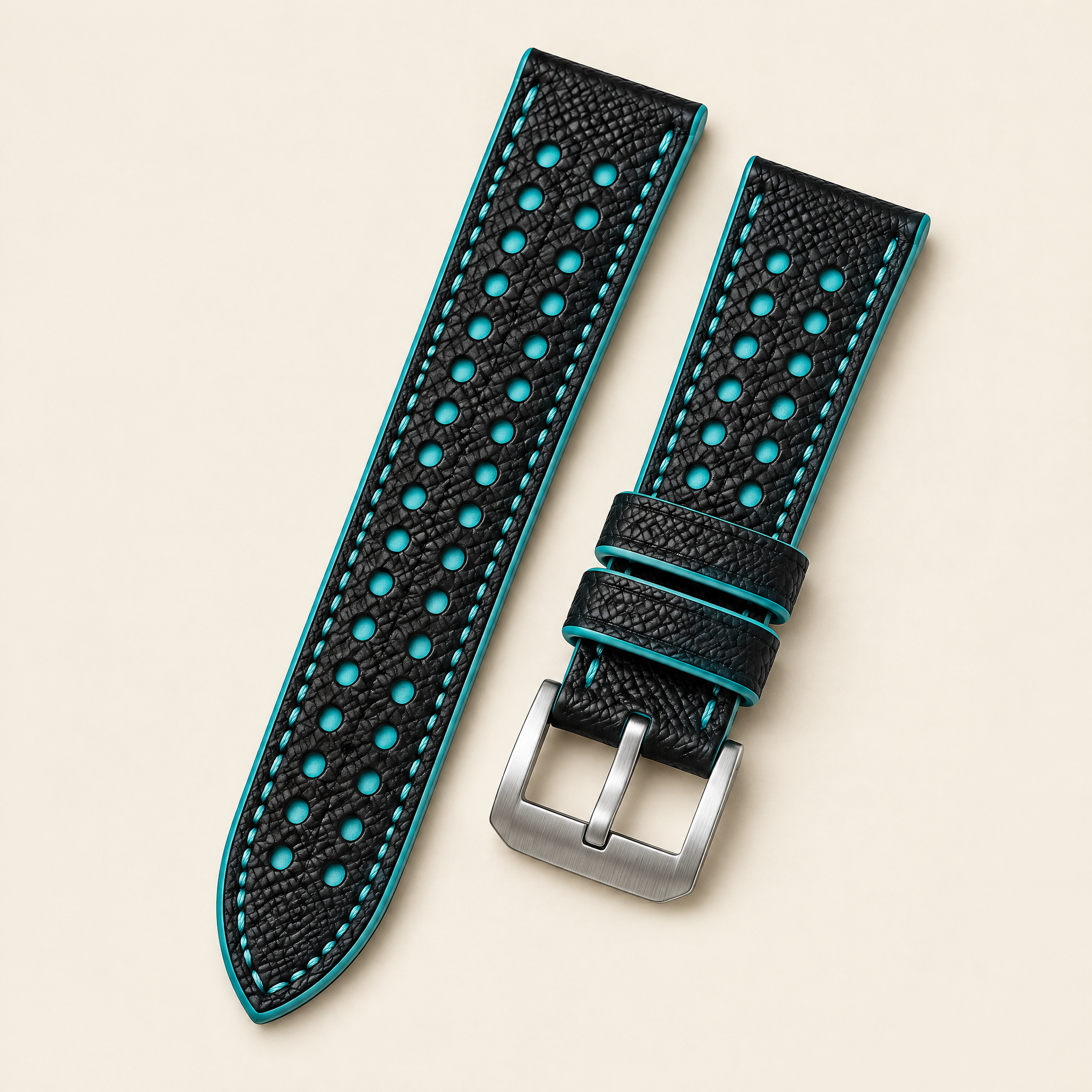 Racing Epsom Leather Watch Strap in Black & Turquoise · Rally · Handmade in Saigon